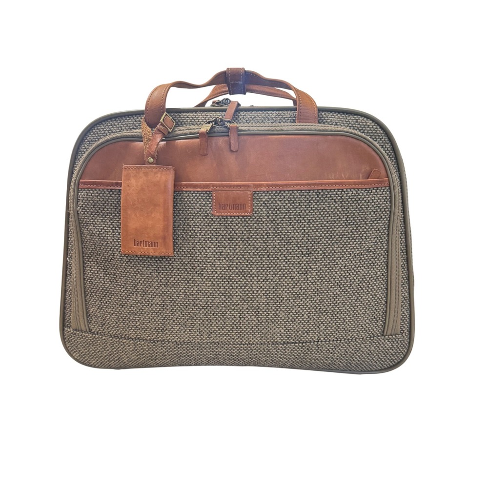 Hartmann Mobile‎ Office Bag Unisex Large Tan Tweed Leather Vintage Rolling